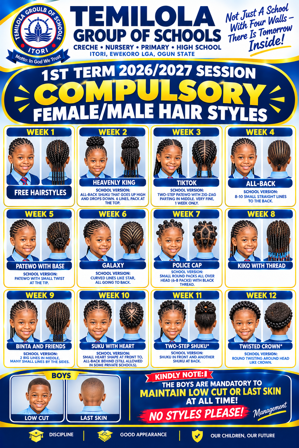 1ST TERM 2026/2027 SESSION COMPULSORY FEMALE/MALE HAIR STYLES